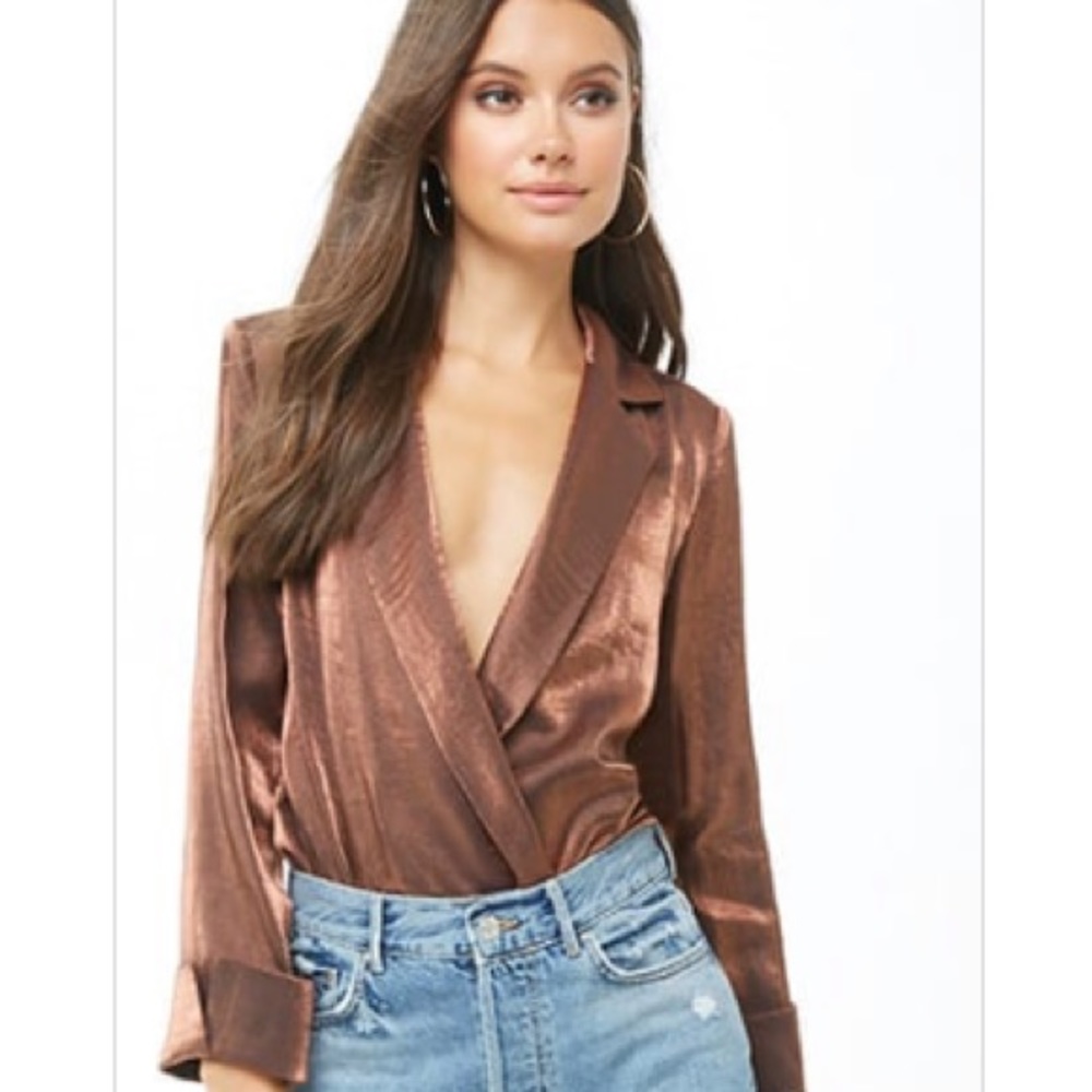 NWT metallic copper bronze open collar bodysuit M